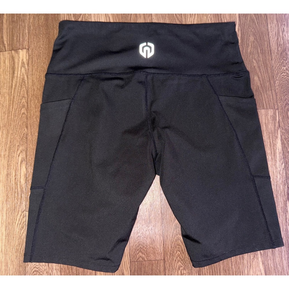 Womens Black High Waist Biker Shorts with Pockets Activewear Athletic Workout - Picture 4 of 4